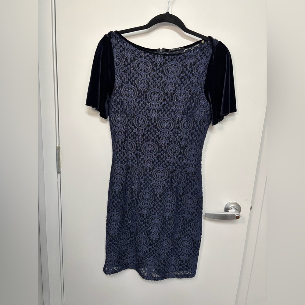 T Tahari Navy Lace/Velvet Mini Dress